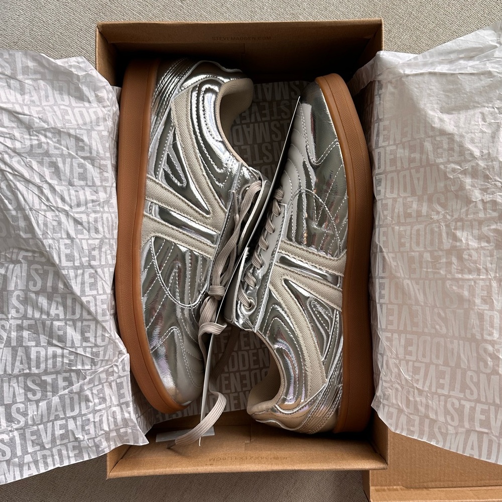 Steve Madden Metallic Silver Low-Top Sneakers with Gum Sole